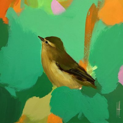 Heidi Langridge willow warbler artwork Sea Greens & Orange, showing a small bird against vibrant green, orange and pink forms.