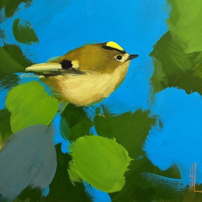 Heidi Langridge goldfinch cobalt artwork, showing the bird surrounded by brilliant cobalt blue and fresh layered green forms.