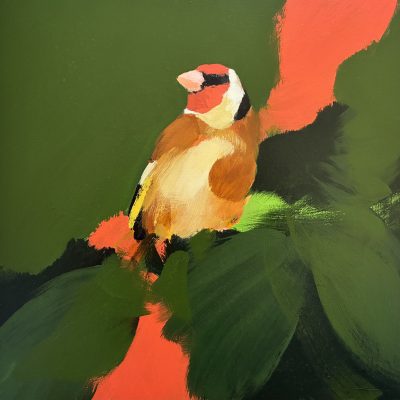 Heidi Langridge goldfinch artwork Dark Greens & Red I, featuring a goldfinch surrounded by deep green and vivid red painted forms.