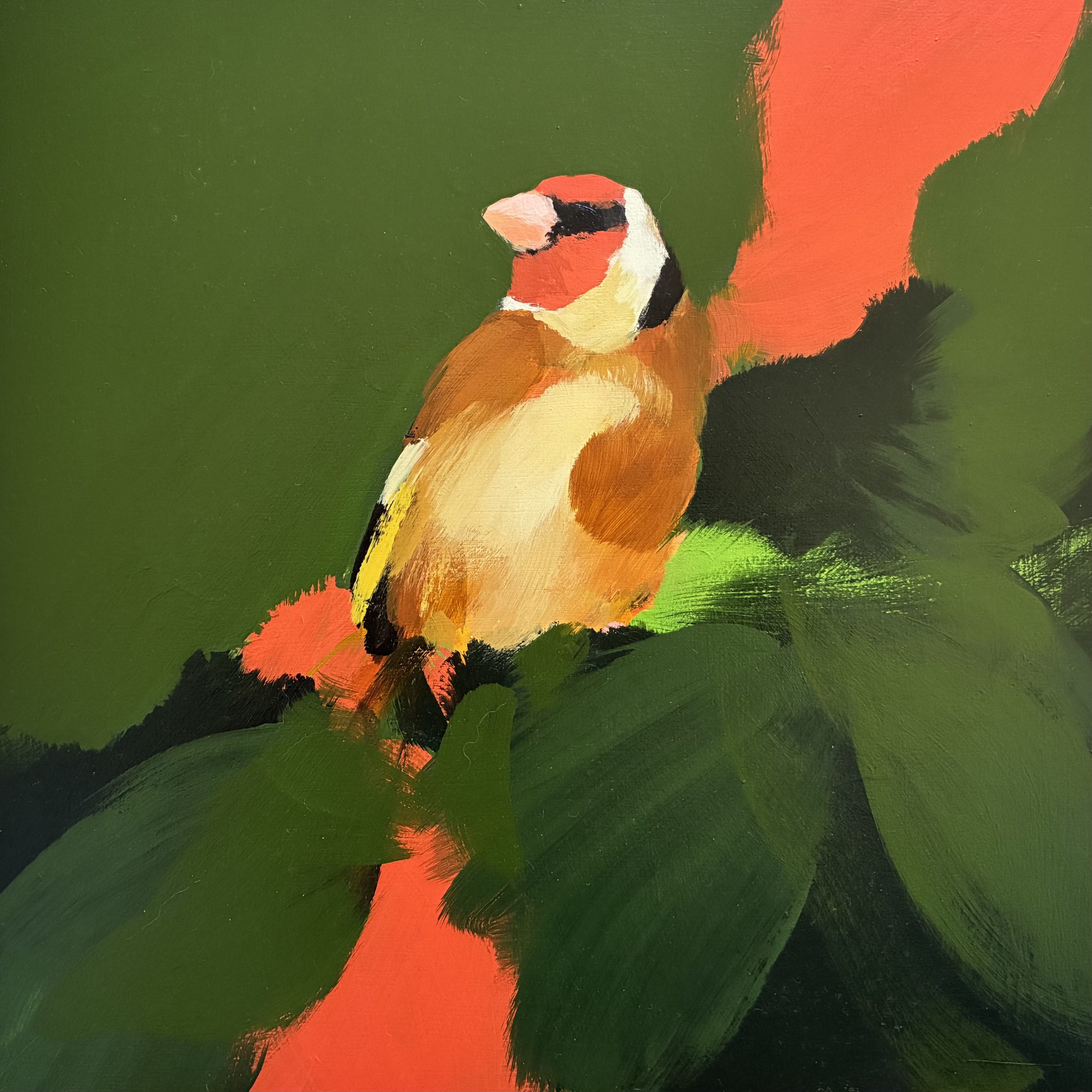 Heidi Langridge goldfinch artwork Dark Greens & Red I, featuring a goldfinch surrounded by deep green and vivid red painted forms.