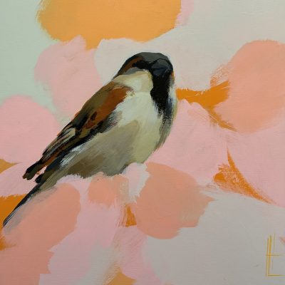Heidi Langridge sparrow pink orange artwork, showing a sparrow surrounded by soft blush pink, coral and warm orange painted forms.