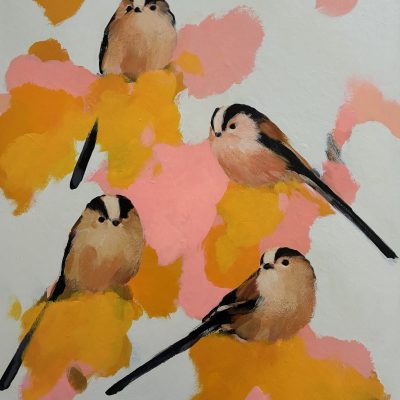 Heidi Langridge four long-tailed tits artwork, showing four birds amongst expressive pink, Indian yellow and pale painted forms.