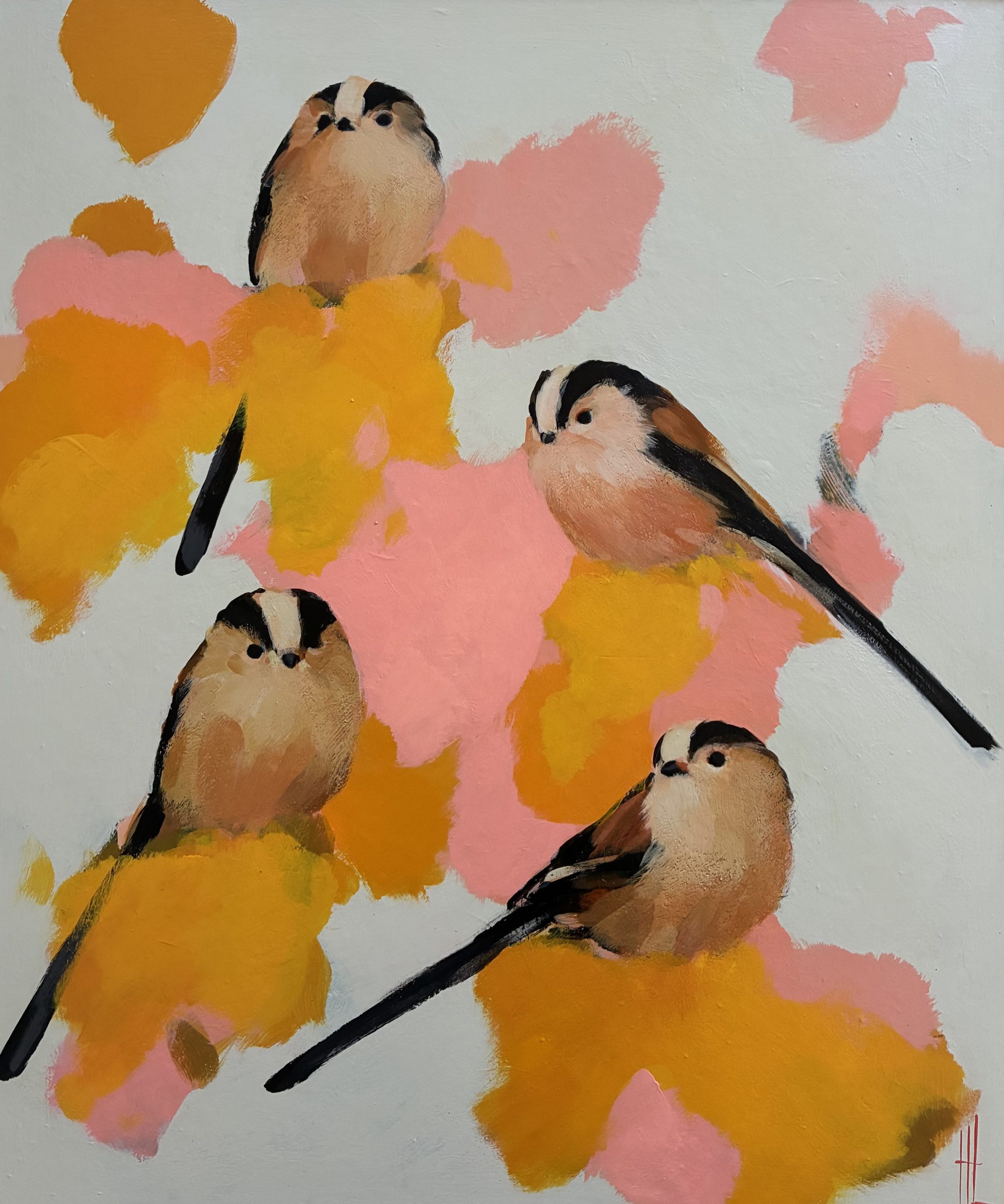Heidi Langridge four long-tailed tits artwork, showing four birds amongst expressive pink, Indian yellow and pale painted forms.