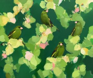 Heidi Langridge greenfinches artwork, showing several birds amongst layered greens, soft pinks and pale yellow foliage-like forms.