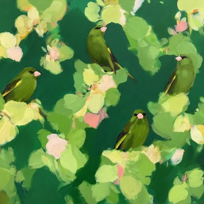 Heidi Langridge greenfinches artwork, showing several birds amongst layered greens, soft pinks and pale yellow foliage-like forms.