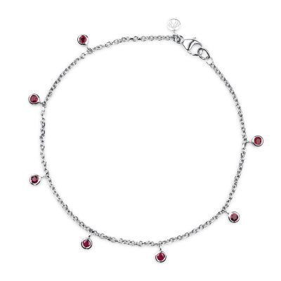 18ct white gold chain bracelet with eight dangling round red ruby gemstones in bezel settings