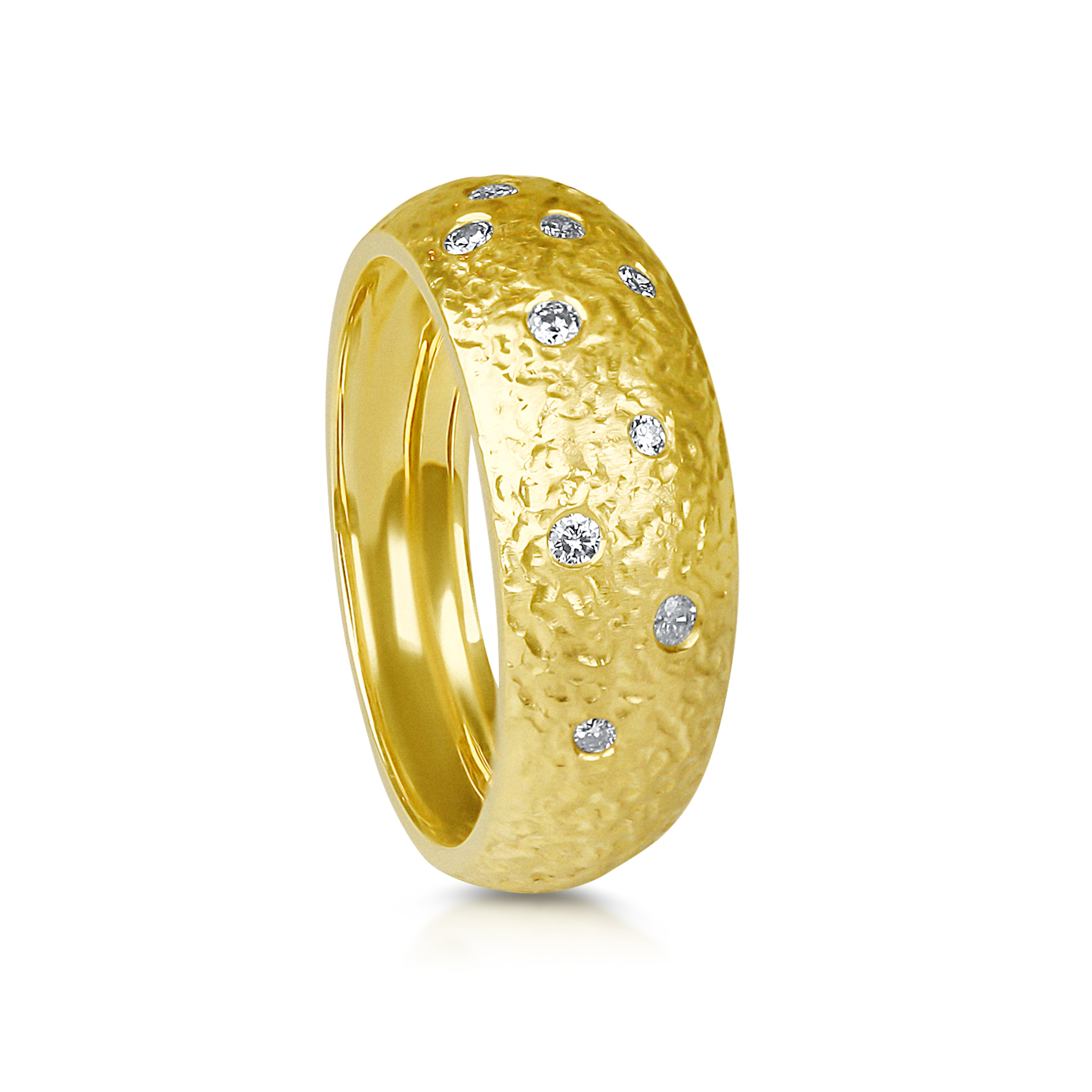 KATA Cosmos wide yellow gold ring with an organic textured finish, available in 9ct and 18ct gold.