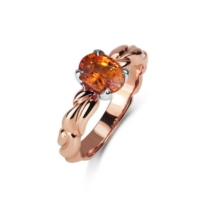 KATA Woven Ring featuring an orange Spessartite Garnet gemstone set in 18ct rose gold with an intricate woven band.