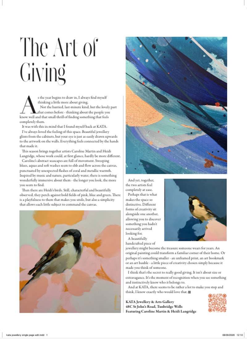 kata-the-art-of-giving-art-exhibition-feature.jpg Read The Art of Giving magazine feature showcasing Caroline Martin and Heidi Langridge's artwork at KATA Jewellery.